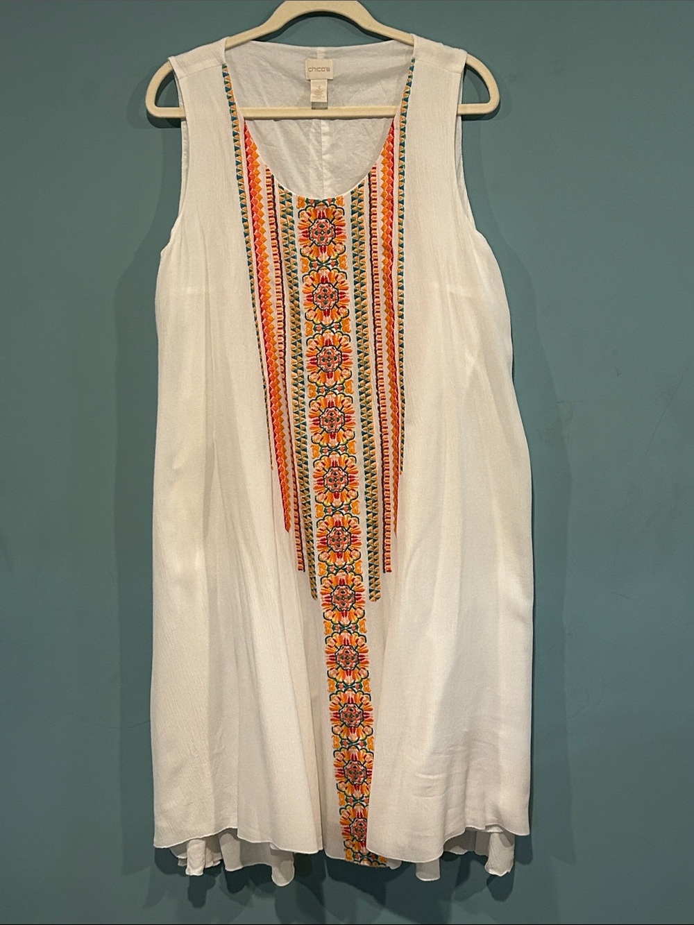 Chico's Sleeveless Embroidered Flare Dress size 3 (XL/16) White Gauze Boho